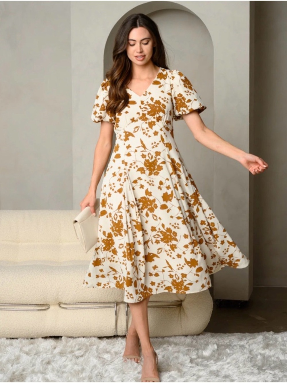 Baltic Born Cream and Brown Floral Midi Dress